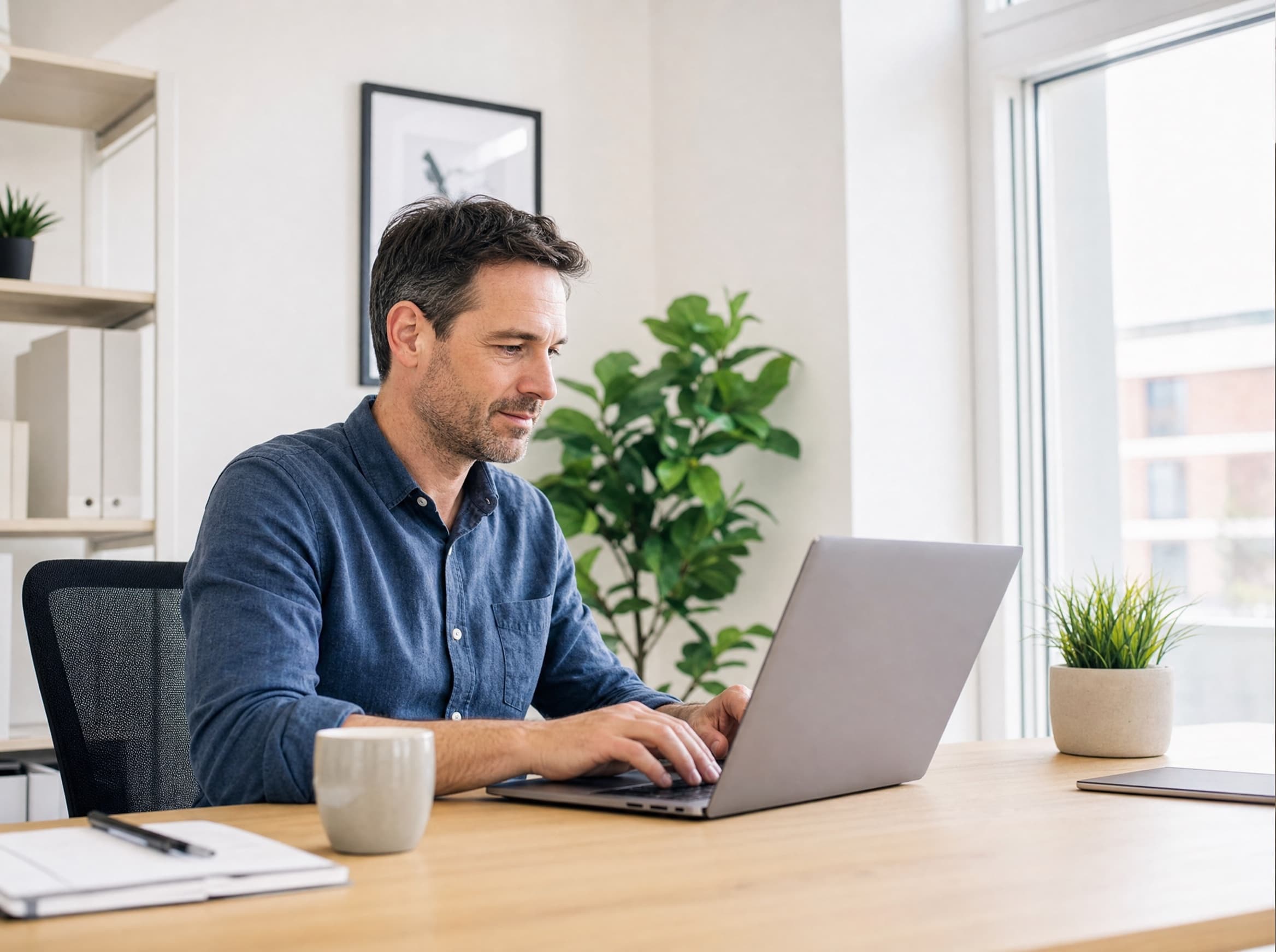 Betriebsinhaber arbeitet abends am Laptop im Büro