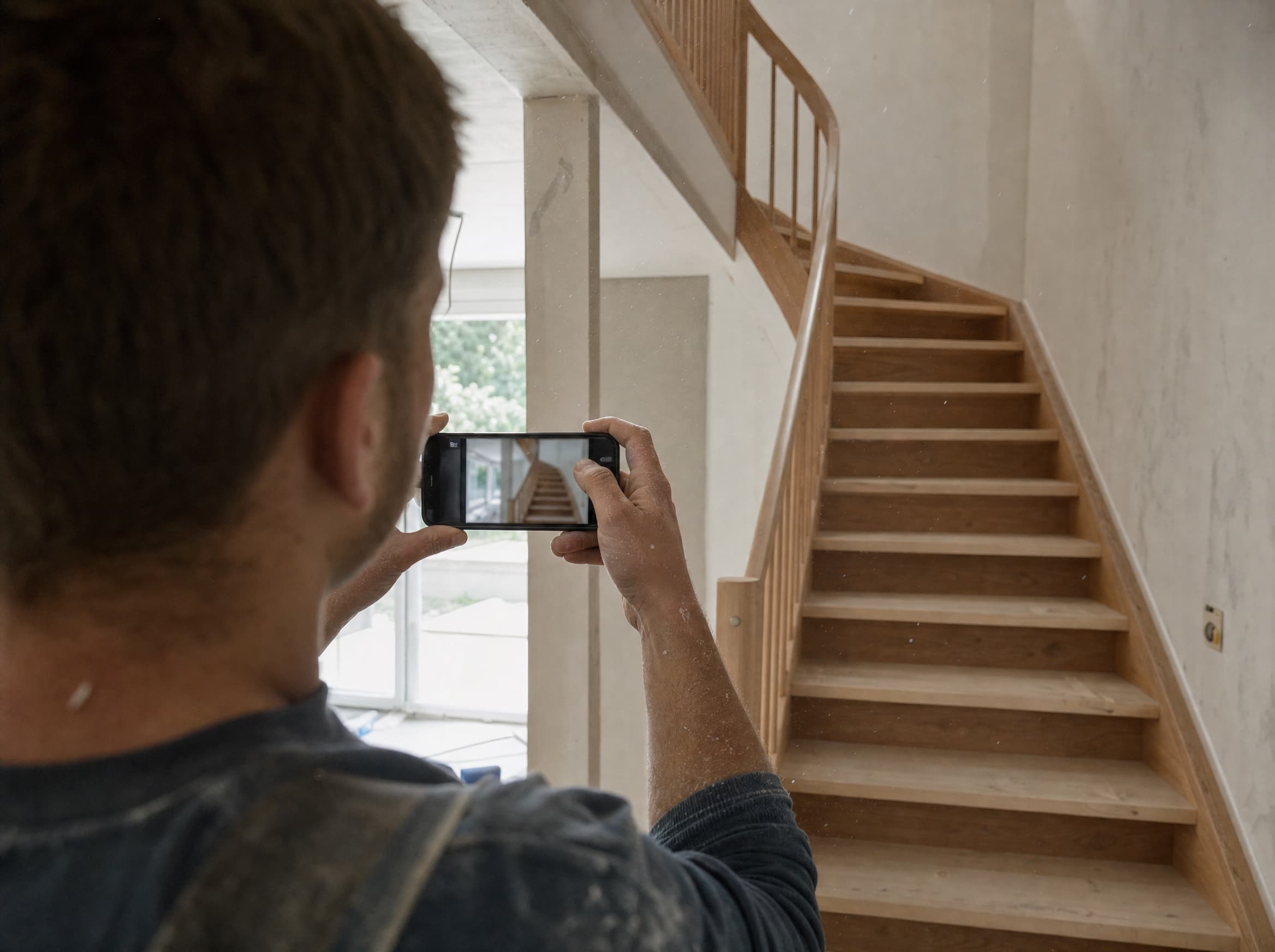 Handwerker fotografiert eine fertige Holztreppe mit dem Smartphone